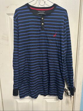 Nautica Blue and Black Striped Henley with Red Logo